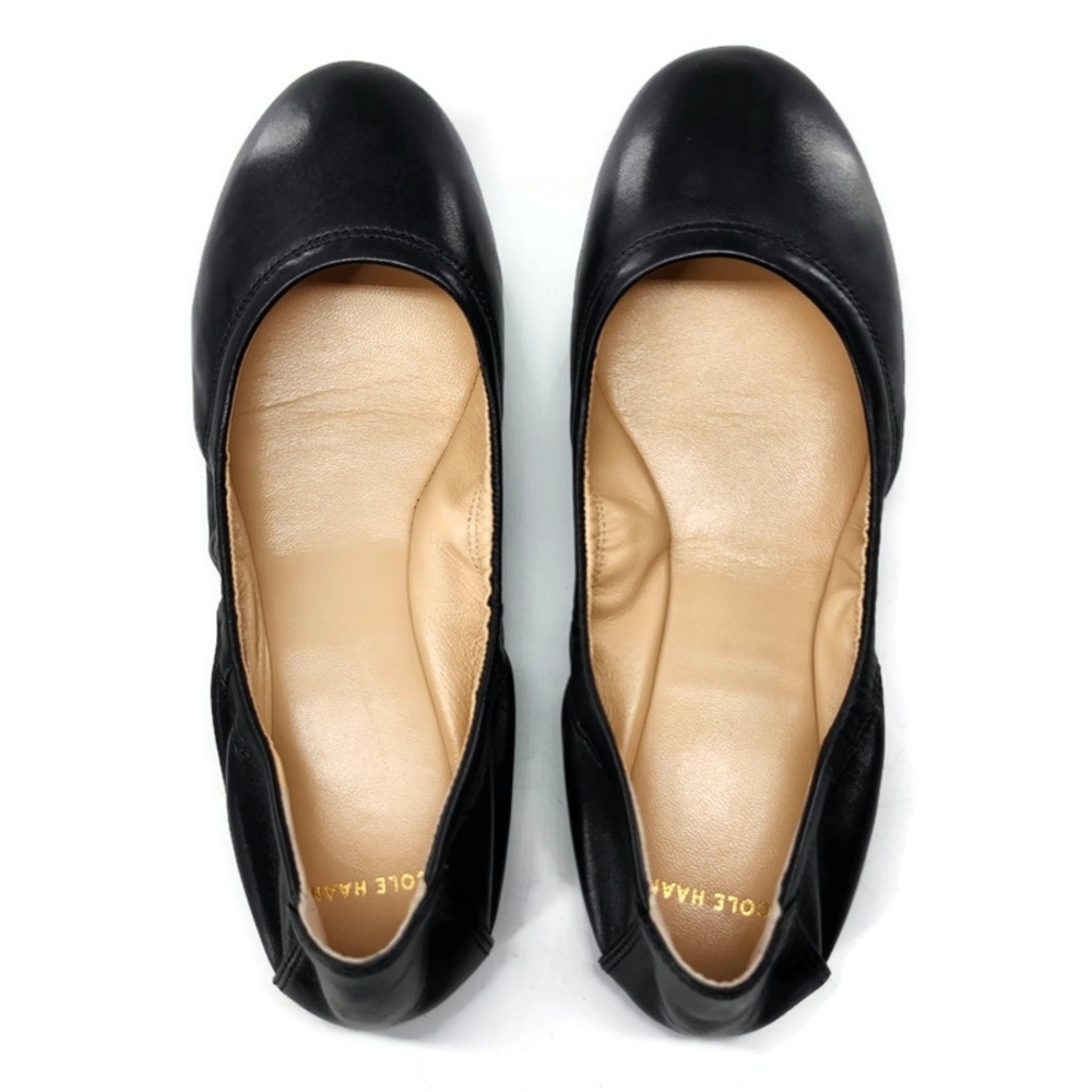 Cole Haan Black Smooth Leather Round-Toe Elasicized Sides Slip-On Ballet Flats - Picture 2 of 12